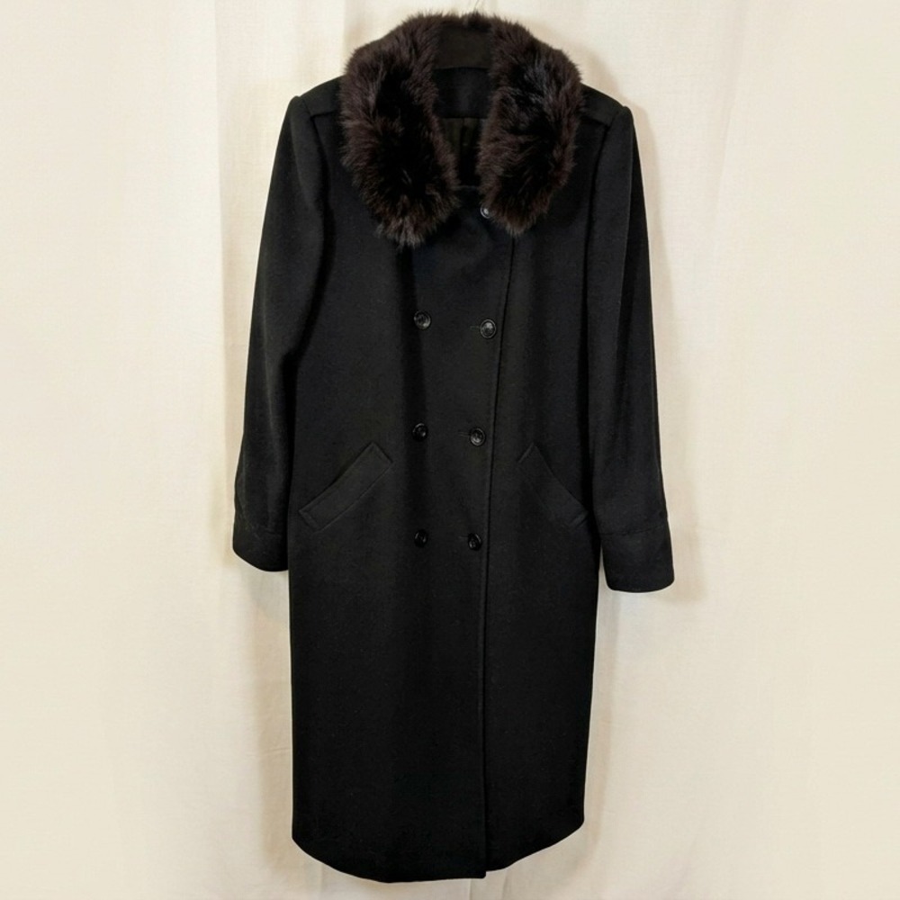 Vintage Black Wool Trench Coat Double Breasted Fur Collar Longline Overcoat M/L